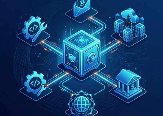 Digital vault connected to cloud, coding, email, finance, and global network icons