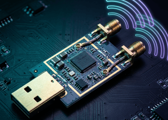 USB wireless adapter with glowing Wi-Fi signal waves on circuit board