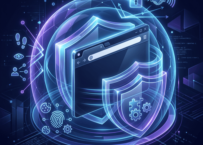 Glowing browser window protected by a shield, lock, fingerprint, and HTTPS symbols