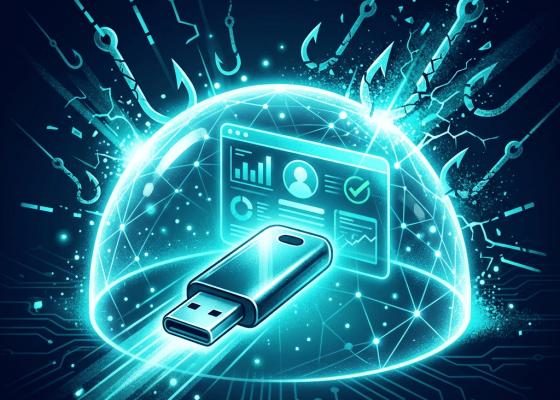 Glowing USB drive and security dashboard surrounded by phishing hooks