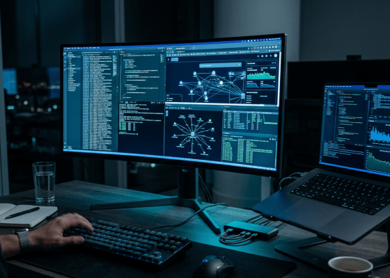 Person working at a desk with code and network monitoring screens