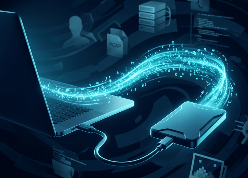 Glowing data stream connecting a laptop and external drive