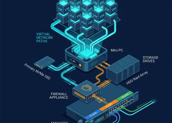 Diagram labeled VIRTUAL NETWORK PATHS, Mini PC, Primary NVMe SSD, STORAGE DRIVES, HDD Raid Array, FIREWALL APPLIANCE, and MANAGED SWITCH, with VLAN labels.