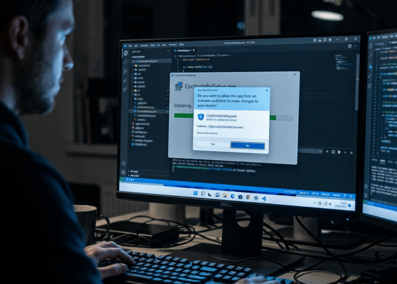 Developer viewing Windows installation permission prompt in Visual Studio
