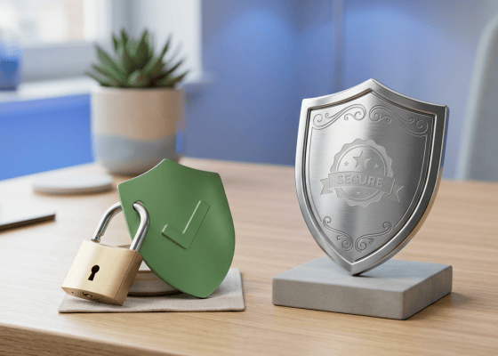 Padlock beside green checkmarked shield and silver shield labeled SECURE