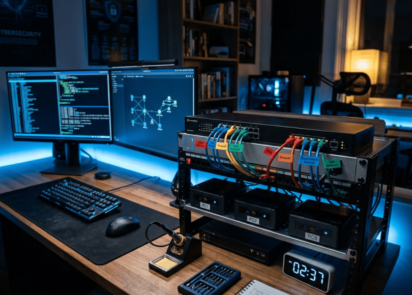 Home cybersecurity lab with network equipment, dual monitors, and labeled Ethernet cables