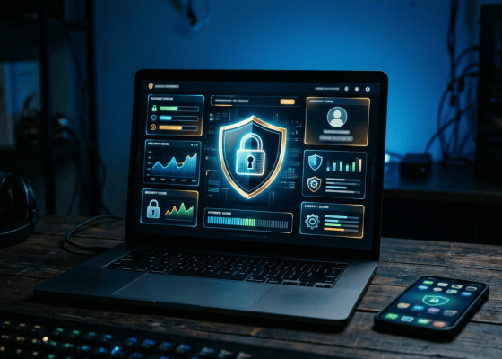 Laptop showing a secure gaming account dashboard