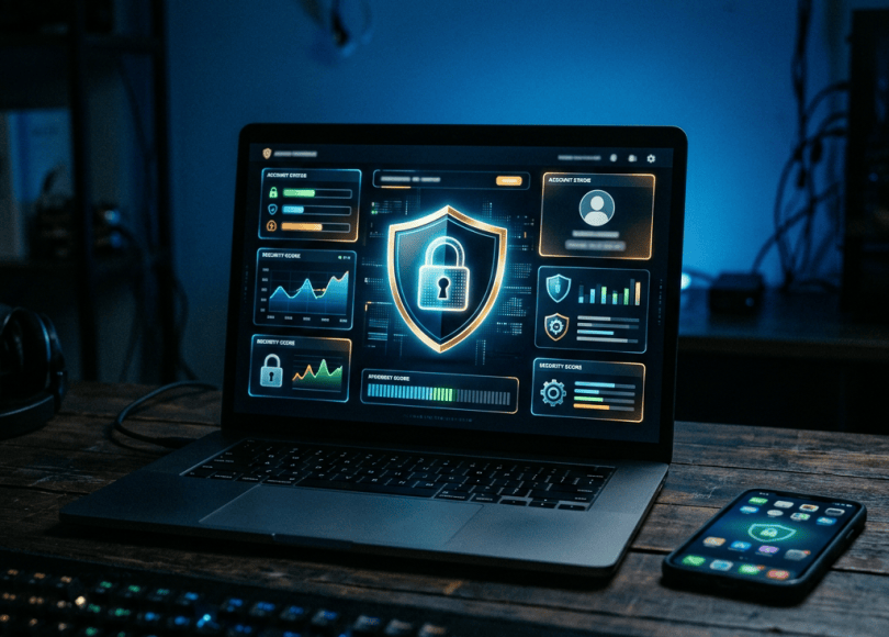 Laptop showing a secure gaming account dashboard