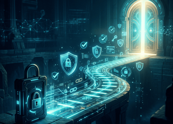 Glowing cybersecurity pathway leading to a locked digital gateway
