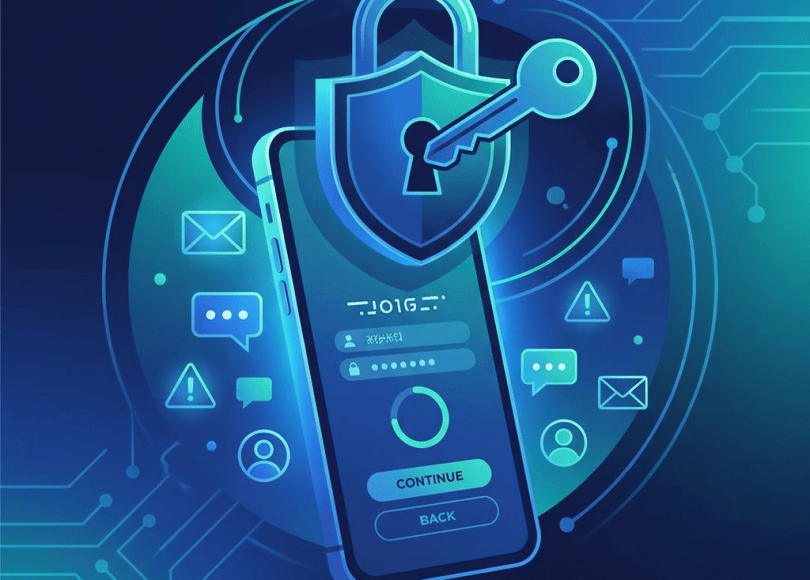 Smartphone security interface with shield, key, “CONTINUE,” and “BACK”
