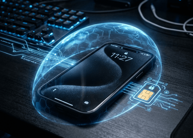 Smartphone displaying 11:27 with glowing security graphics and secured SIM card