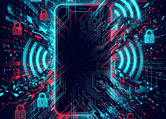 Abstract cybersecurity network with glowing locks, binary code, circuits, and wireless signals