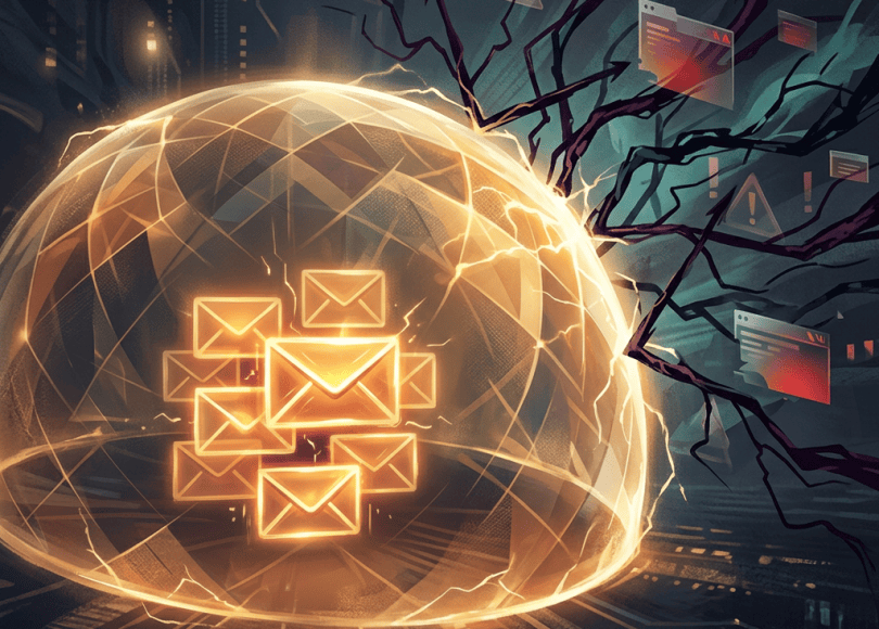 Glowing email envelopes protected inside a digital shield amid cyber threat warnings