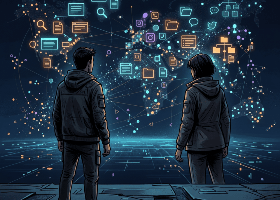 Person examining glowing digital search results