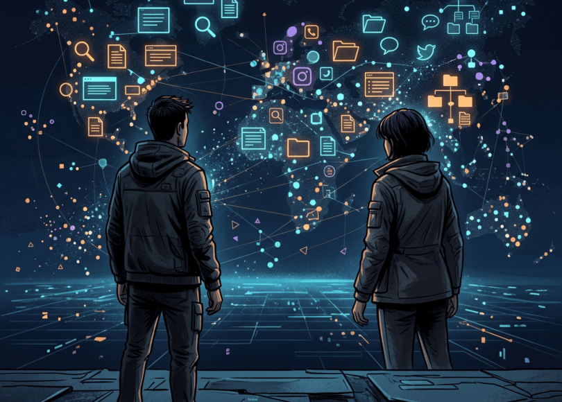 Person examining glowing digital search results