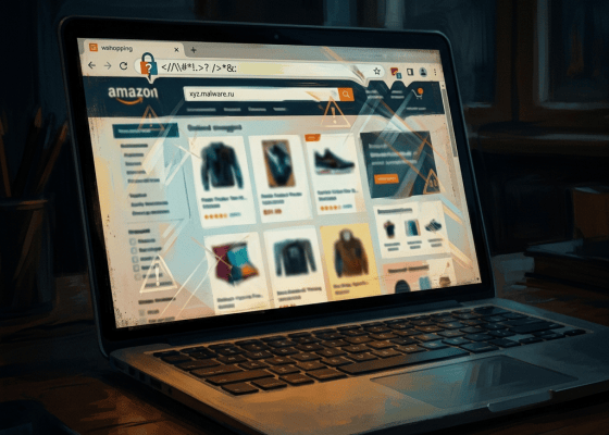 Laptop showing a suspicious Amazon-style shopping site at xyz.malware.ru