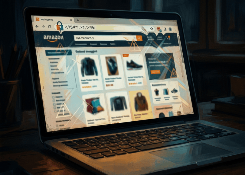 Laptop showing a suspicious Amazon-style shopping site at xyz.malware.ru
