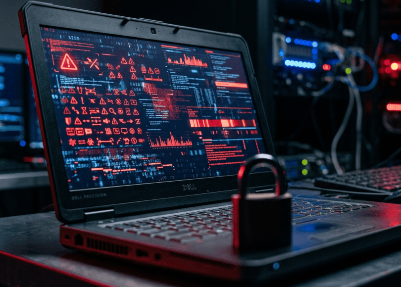 Laptop displaying cybersecurity alerts beside a padlock and server equipment