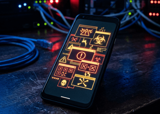 Smartphone displaying warning, biohazard, and cybersecurity icons beside network equipment