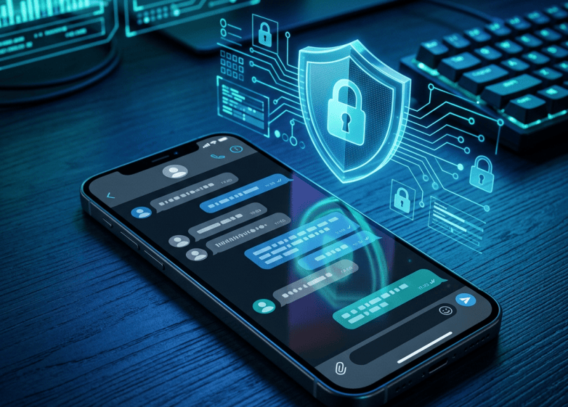 Smartphone displaying messages beside a glowing shield with a padlock