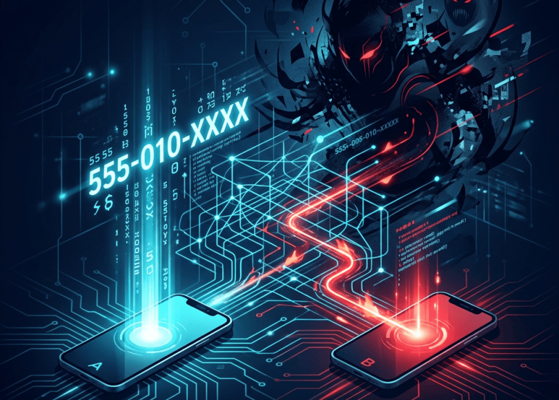 Two smartphones labeled A and B exchange data beneath a digital threat