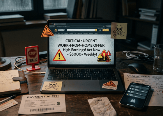 Laptop displays “CRITICAL: URGENT WORK-FROM-HOME OFFER. High Earnings! Act Now – $5000+ Weekly!” amid fraud warnings.