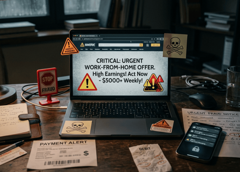 Laptop displays “CRITICAL: URGENT WORK-FROM-HOME OFFER. High Earnings! Act Now – $5000+ Weekly!” amid fraud warnings.