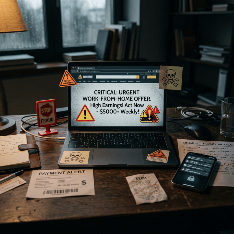 Laptop displays “CRITICAL: URGENT WORK-FROM-HOME OFFER. High Earnings! Act Now – $5000+ Weekly!” amid fraud warnings.