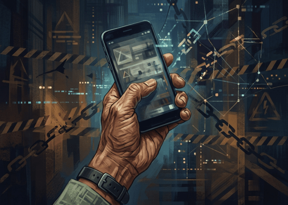 Hand holding a smartphone amid digital networks, chains, and warning symbols