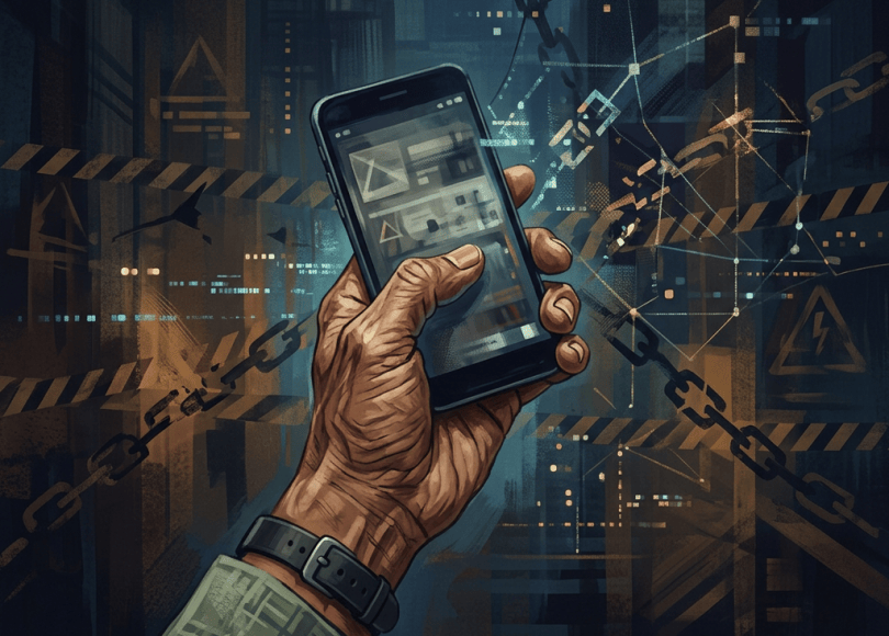 Hand holding a smartphone amid digital networks, chains, and warning symbols